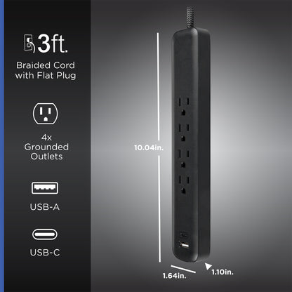 GE Surge Protector Power Strip, 4 Outlets, 1 USB-C & 1 USB-A Port (12W), 490J Protection, 3FT Braided Extension Cord, Flat Plug, Black