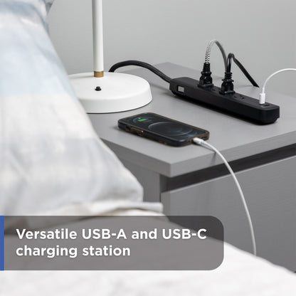 GE Surge Protector Power Strip, 4 Outlets, 1 USB-C & 1 USB-A Port (12W), 490J Protection, 3FT Braided Extension Cord, Flat Plug, Black