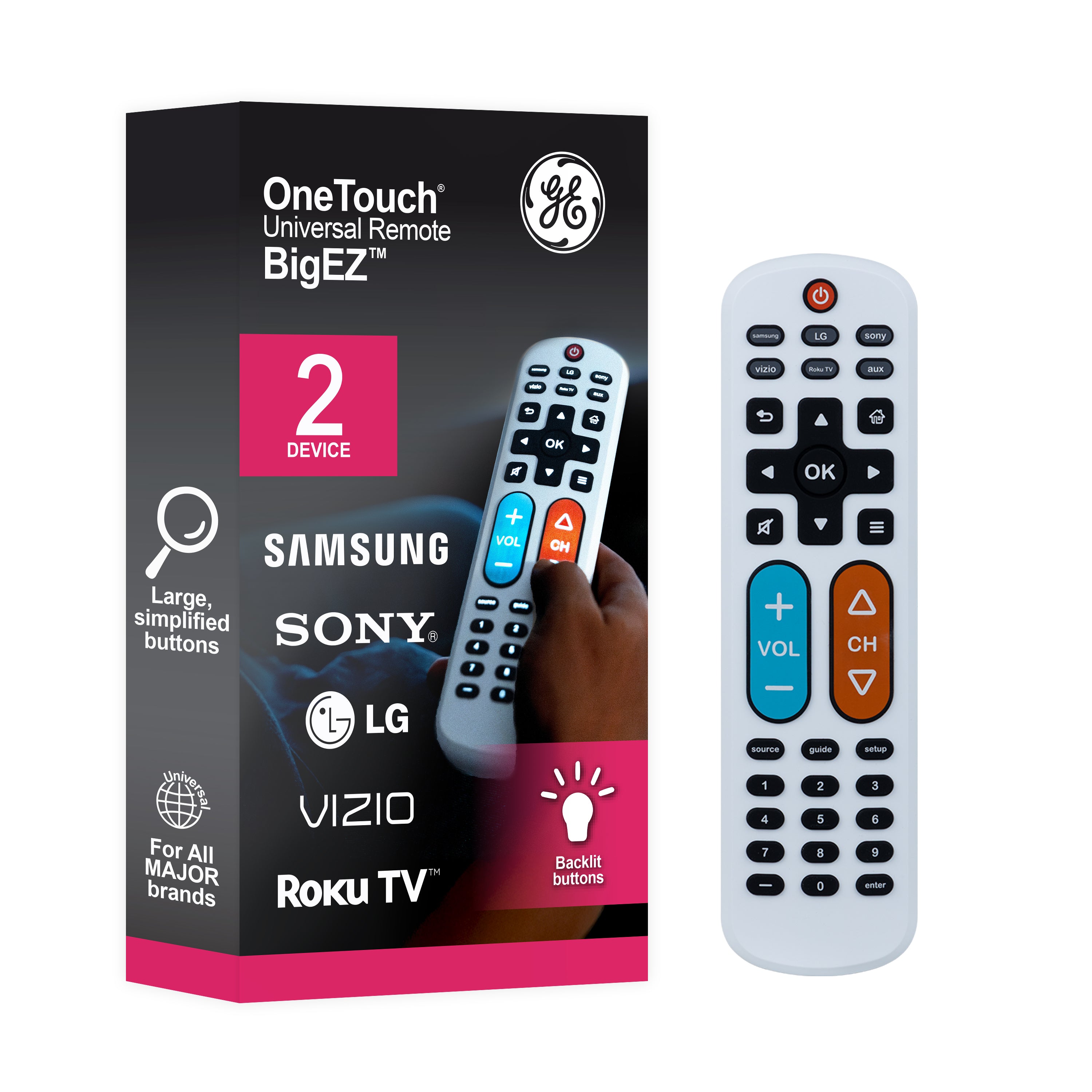 GE One Touch Streaming Replacement Remote Control, Backlit With Big Button, White