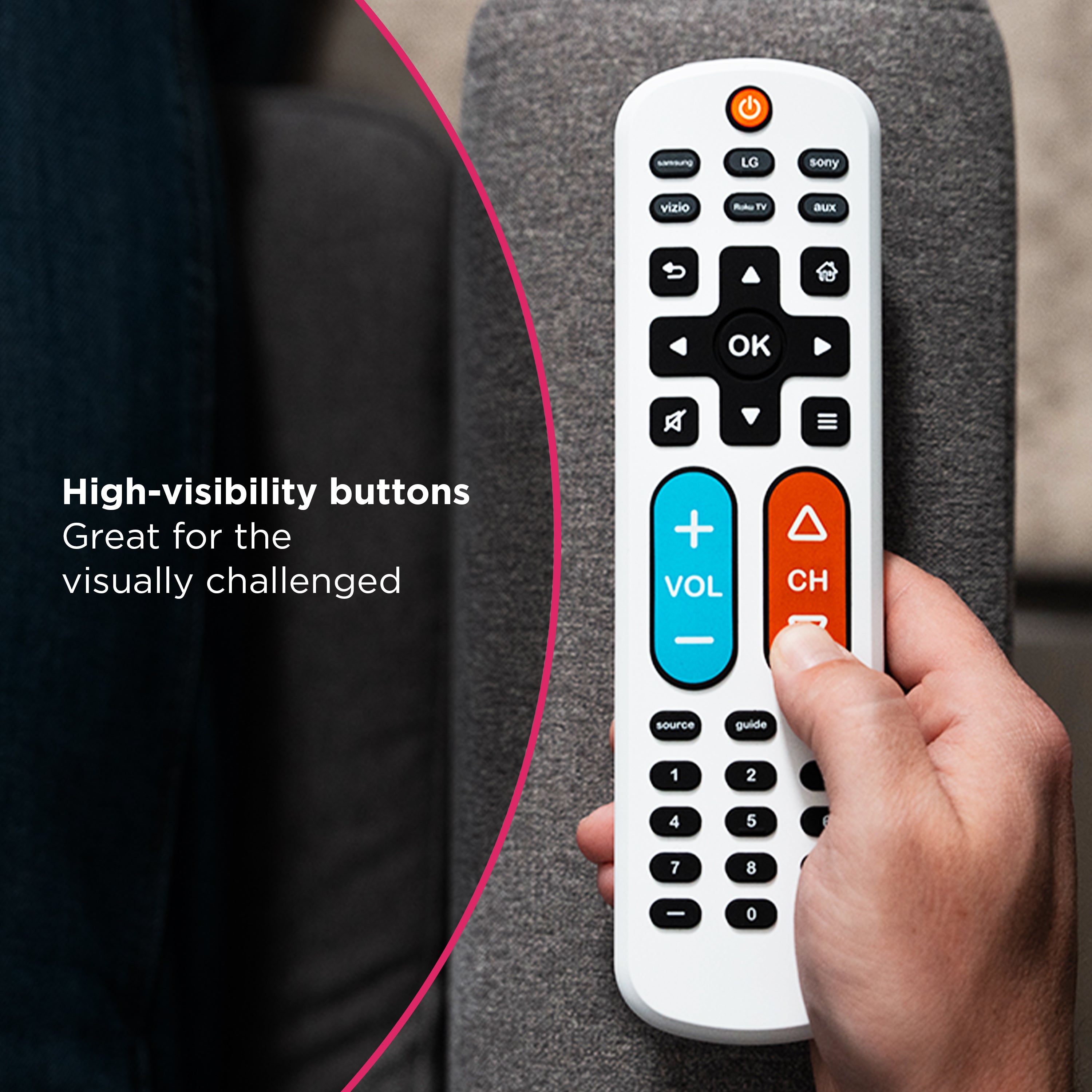 GE One Touch Streaming Replacement Remote Control, Backlit With Big Button, White
