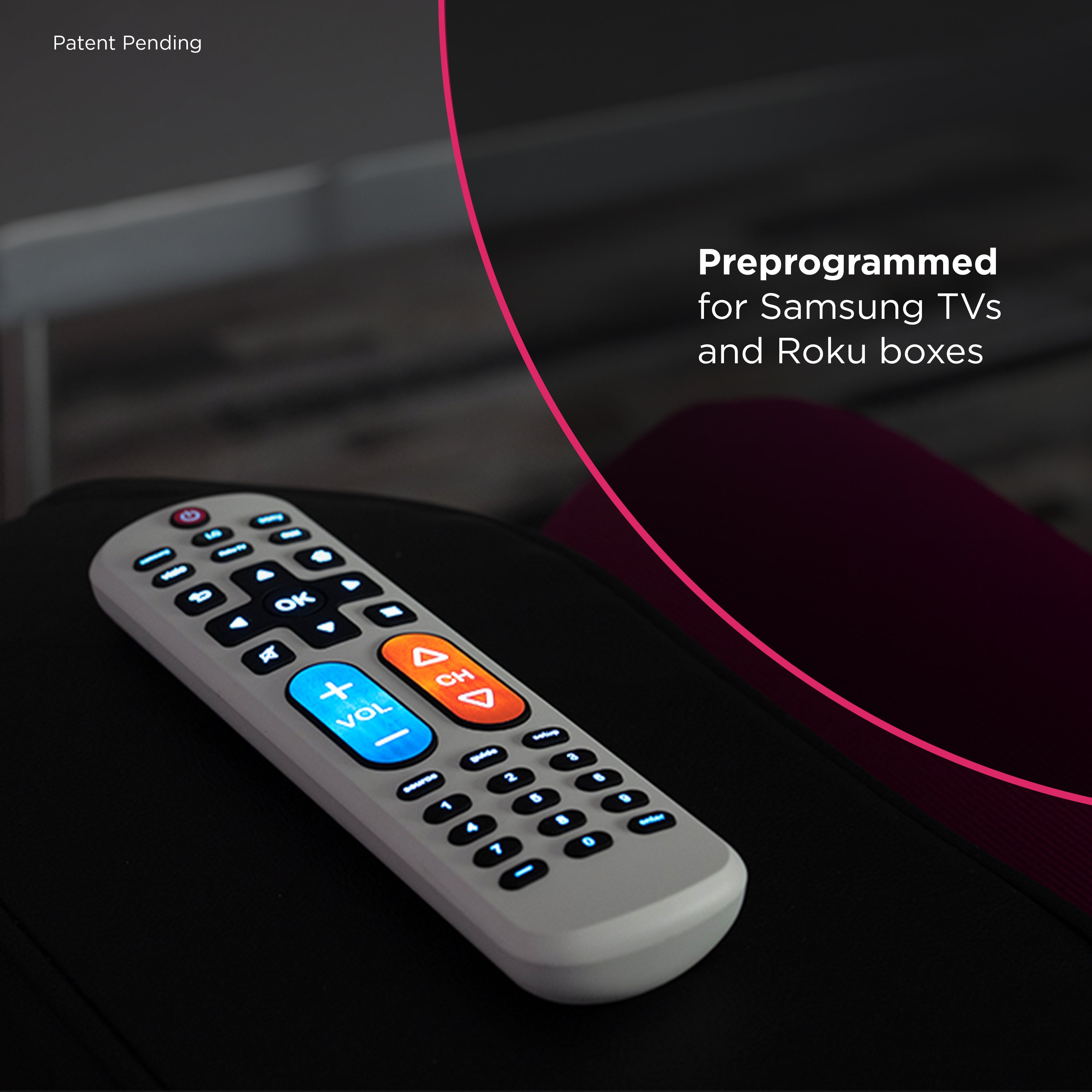 GE One Touch Streaming Replacement Remote Control, Backlit With Big Button, White