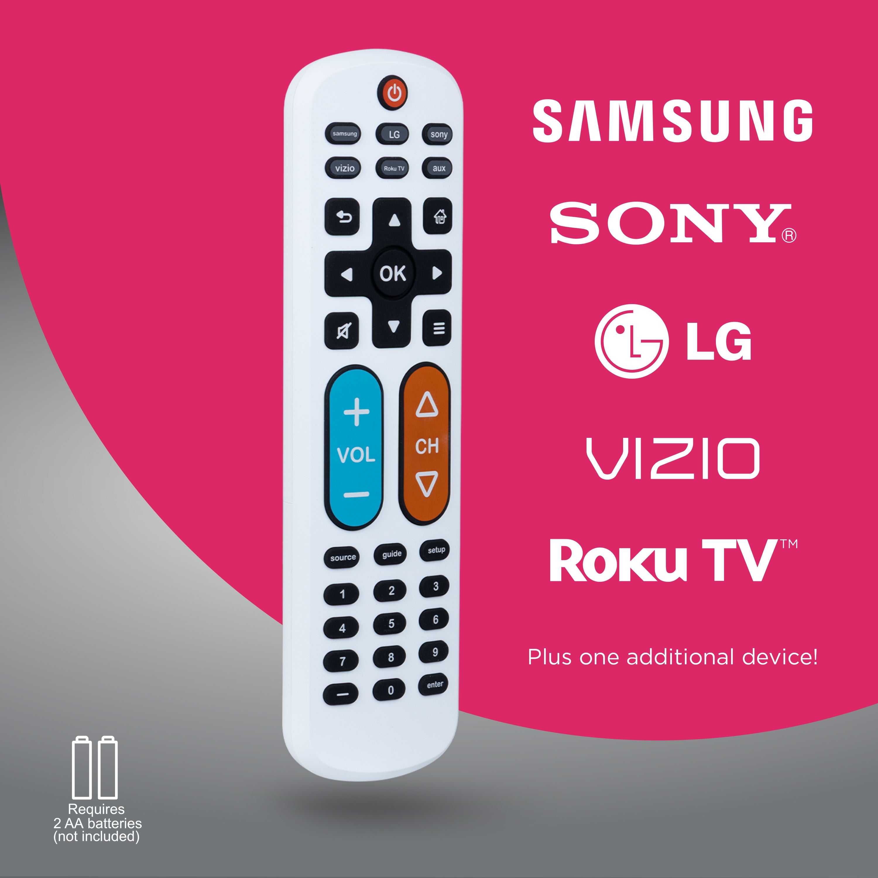 GE One Touch Streaming Replacement Remote Control, Backlit With Big Button, White