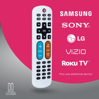 GE One Touch Streaming Replacement Remote Control, Backlit With Big Button, White