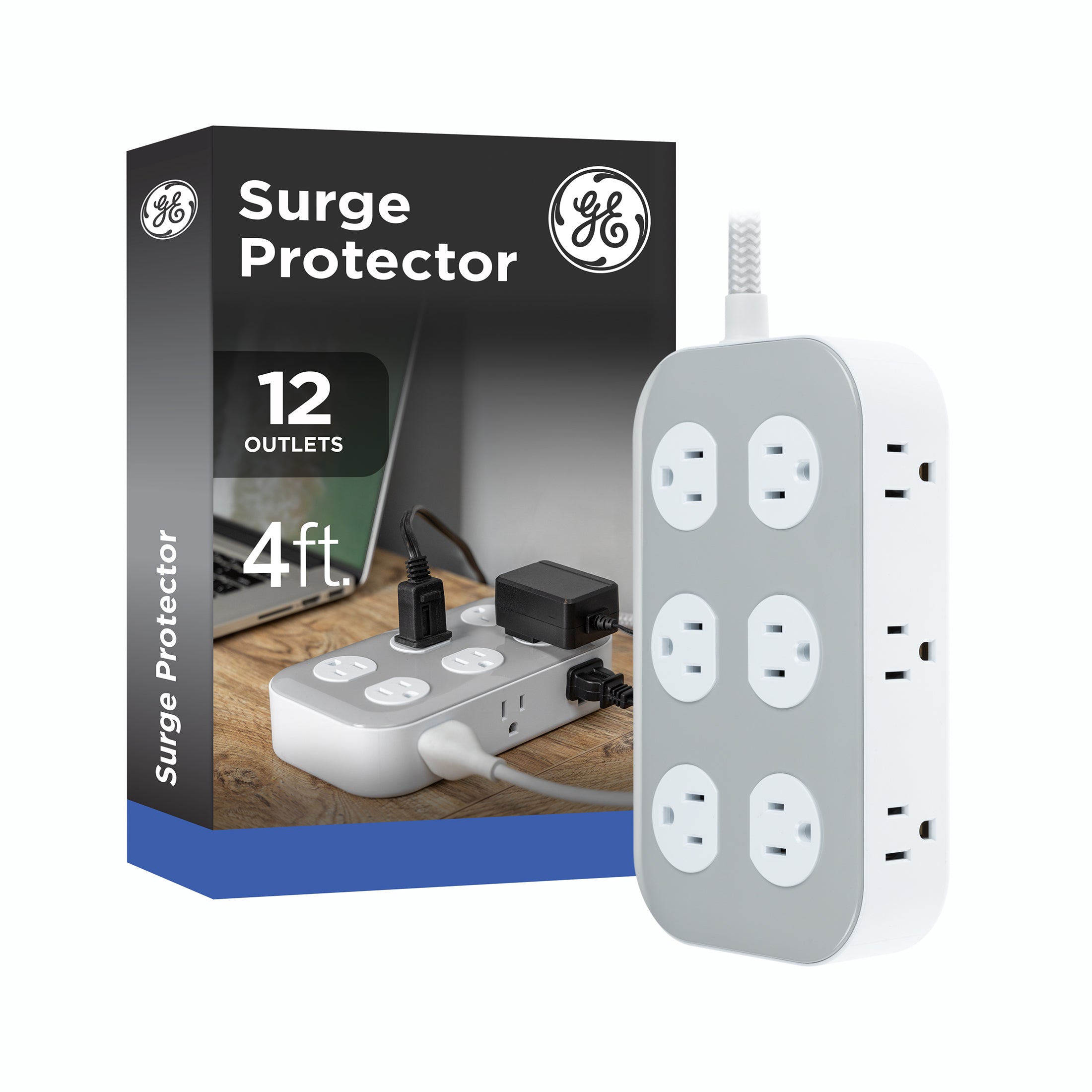 GE UltraPro 12-Outlet Surge Protector, 2100 Joules, 4ft Braided Extension Cord, Flat Plug, Gray/White