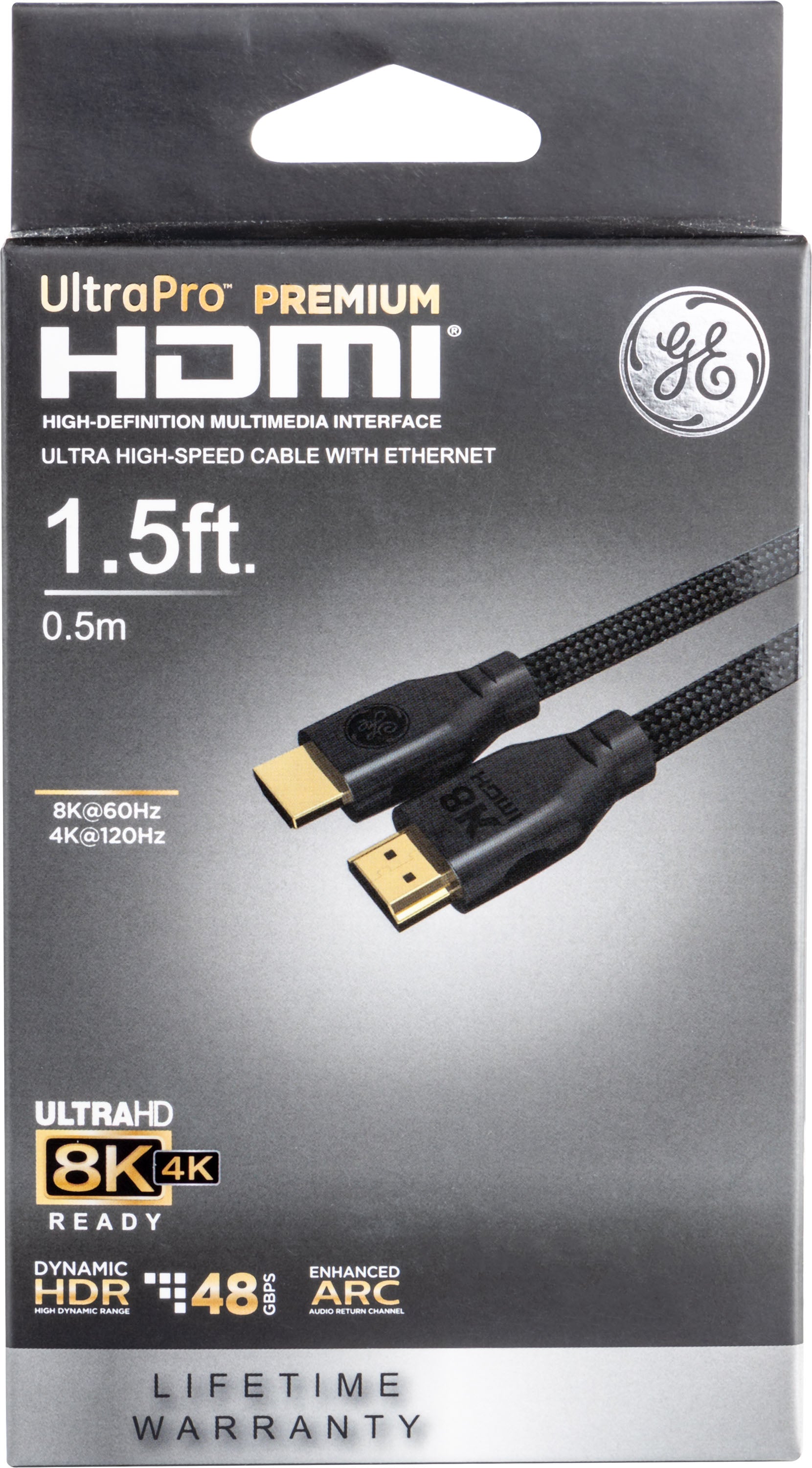 GE-branded UltraPro Premium 8K Ultra High-Speed HDMI 2.1 Cable with Ethernet, 1.5ft., Black
