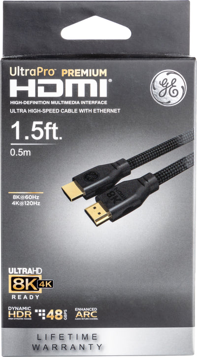 GE-branded UltraPro Premium 8K Ultra High-Speed HDMI 2.1 Cable with Ethernet, 1.5ft., Black
