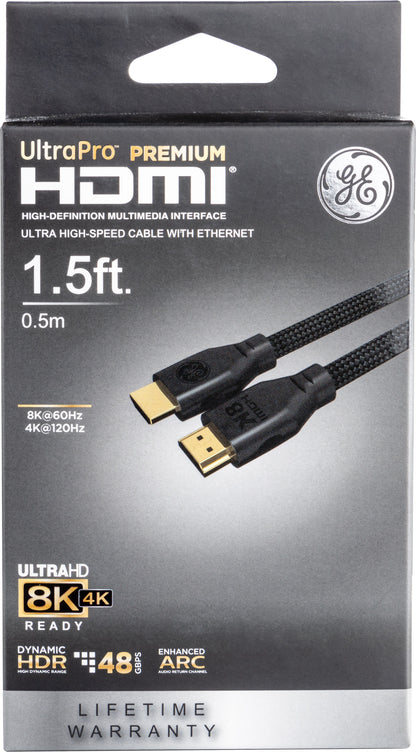 GE-branded UltraPro Premium 8K Ultra High-Speed HDMI 2.1 Cable with Ethernet, 1.5ft., Black