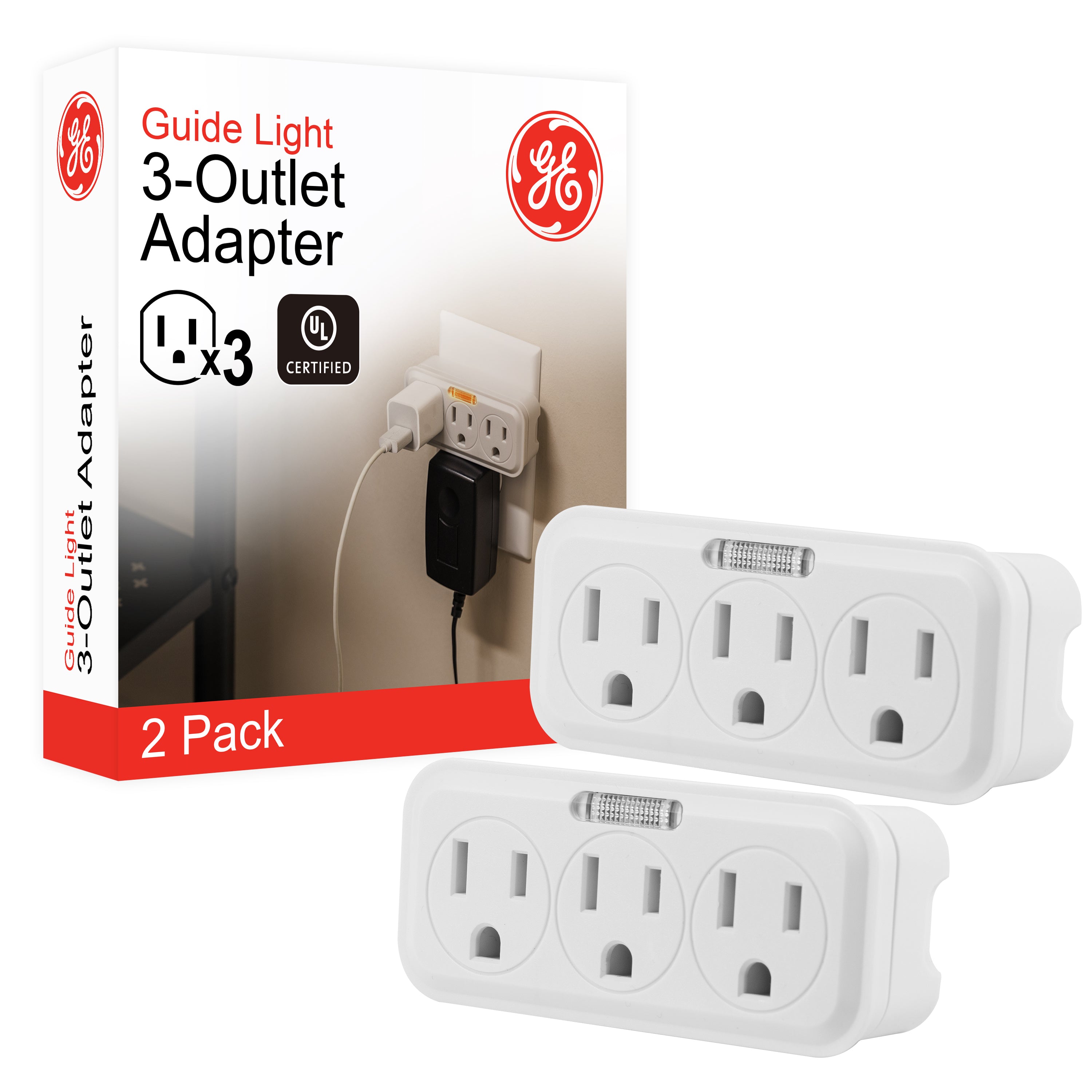 GE 3 Grounded Outlets Power Tap, Guidelight, 2 Pack, White