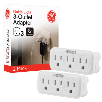 GE 3 Grounded Outlets Power Tap, Guidelight, 2 Pack, White