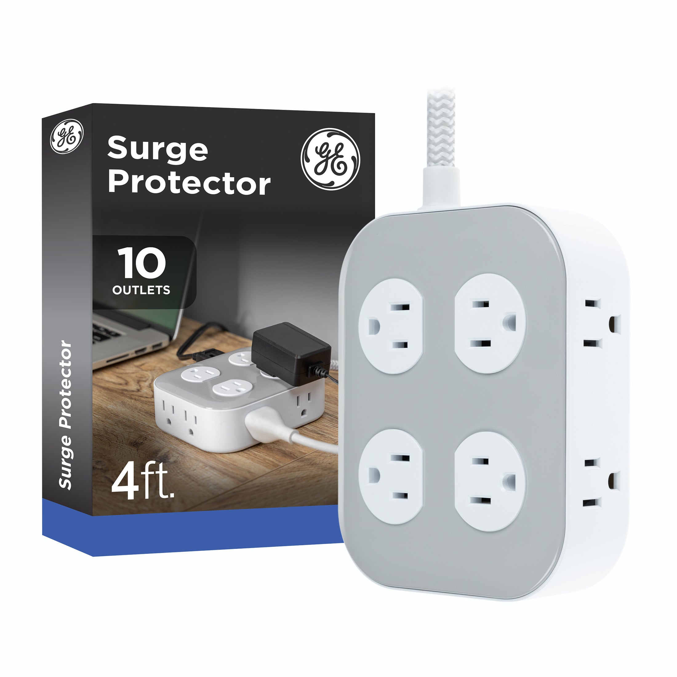 GE UltraPro 10-Outlet Surge Protector, 2100 Joules, 4ft Braided Extension Cord, Flat Plug, Gray/White