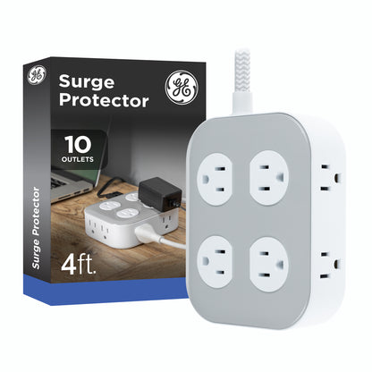 GE UltraPro 10-Outlet Surge Protector, 2100 Joules, 4ft Braided Extension Cord, Flat Plug, Gray/White