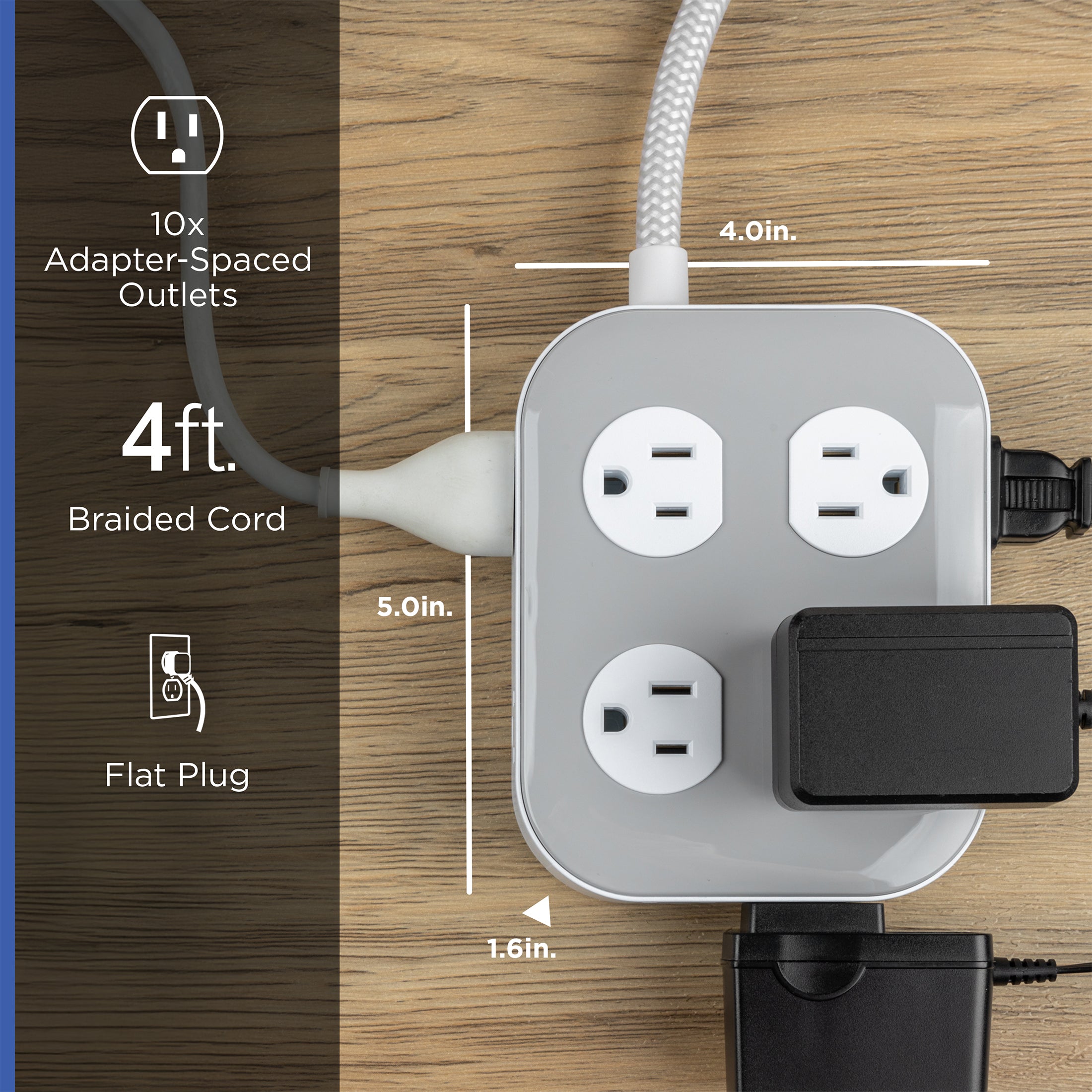 GE UltraPro 10-Outlet Surge Protector, 2100 Joules, 4ft Braided Extension Cord, Flat Plug, Gray/White