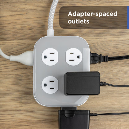 GE UltraPro 10-Outlet Surge Protector, 2100 Joules, 4ft Braided Extension Cord, Flat Plug, Gray/White