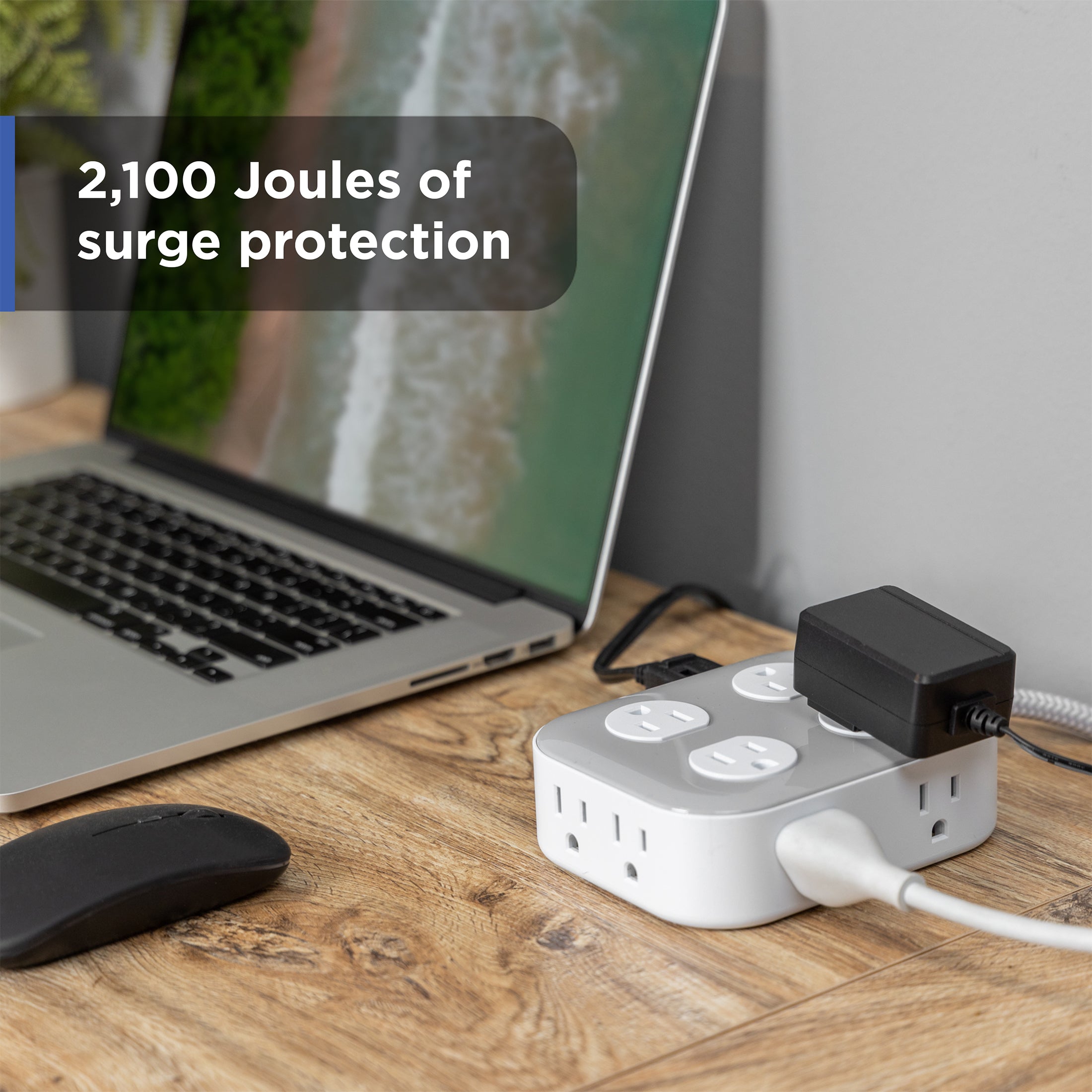 GE UltraPro 10-Outlet Surge Protector, 2100 Joules, 4ft Braided Extension Cord, Flat Plug, Gray/White