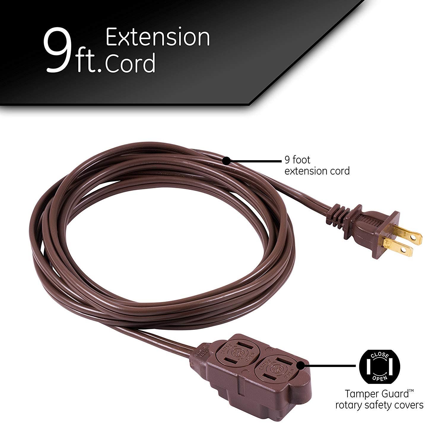 GE 3-Outlet 9ft. Extension Cord with Twist-to-Close Outlets, Brown