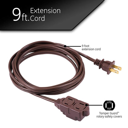 GE 3-Outlet 9ft. Extension Cord with Twist-to-Close Outlets, Brown