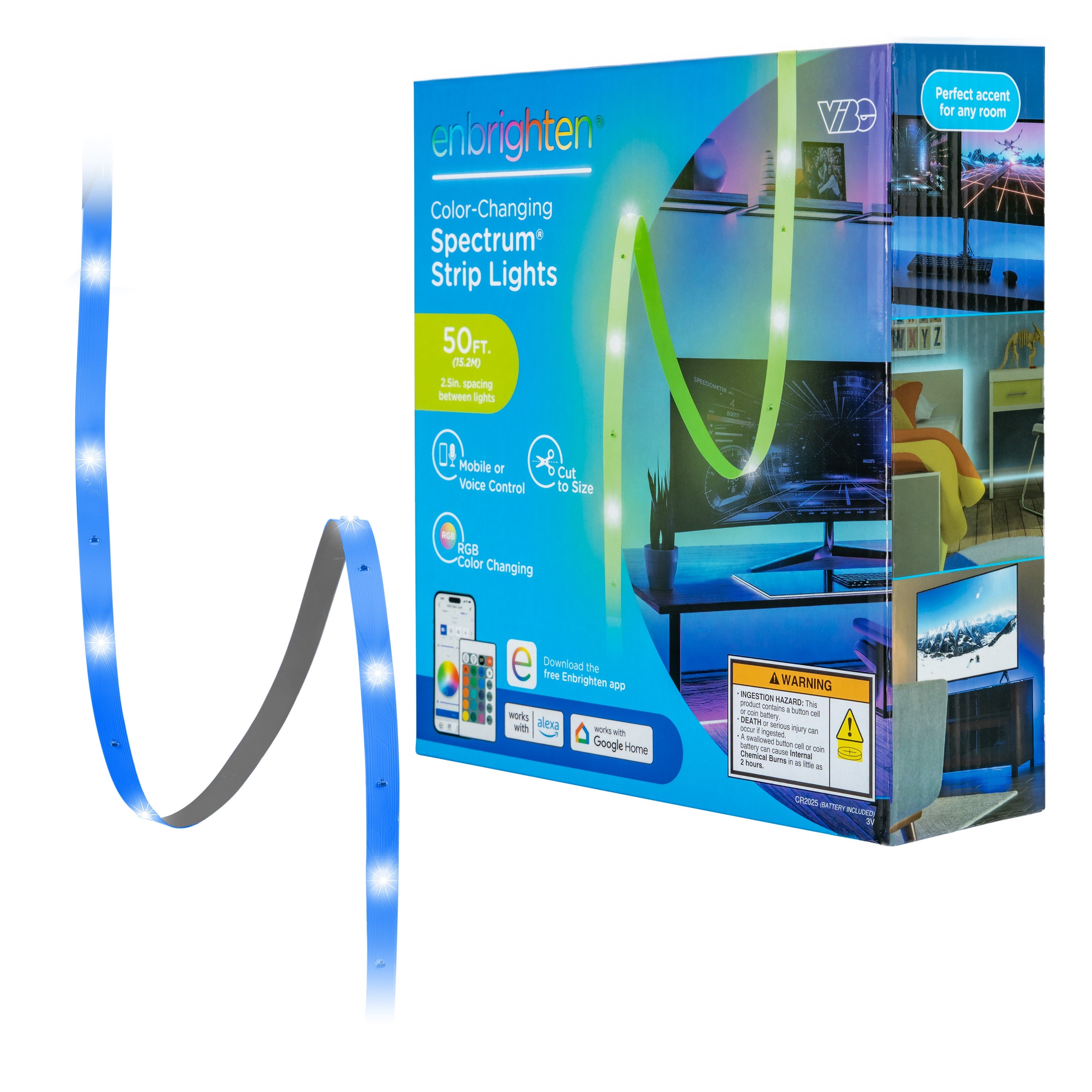Enbrighten WiFi VIBE Spectrum Indoor Color-Changing LED Strip Lights, 50ft.