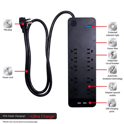 GE UltraPro 10-Outlet 2-USB 4ft. Surge Protector, Black