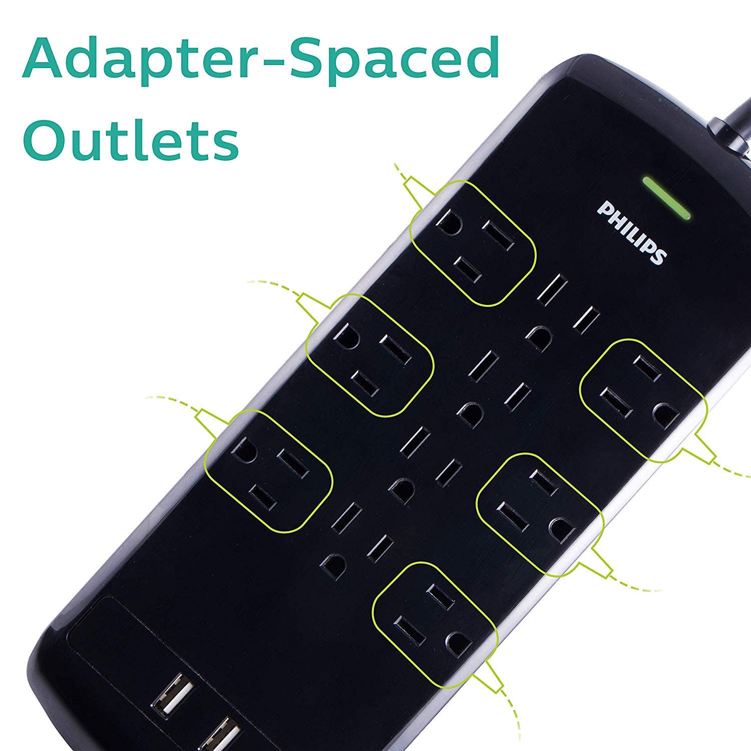 Philips 10-Outlet 2-USB 6ft. Surge Protector, Black