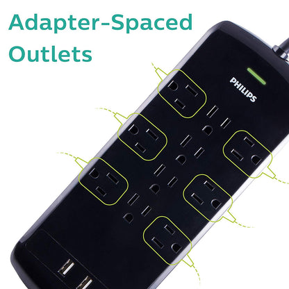 Philips 10-Outlet 2-USB 6ft. Surge Protector, Black