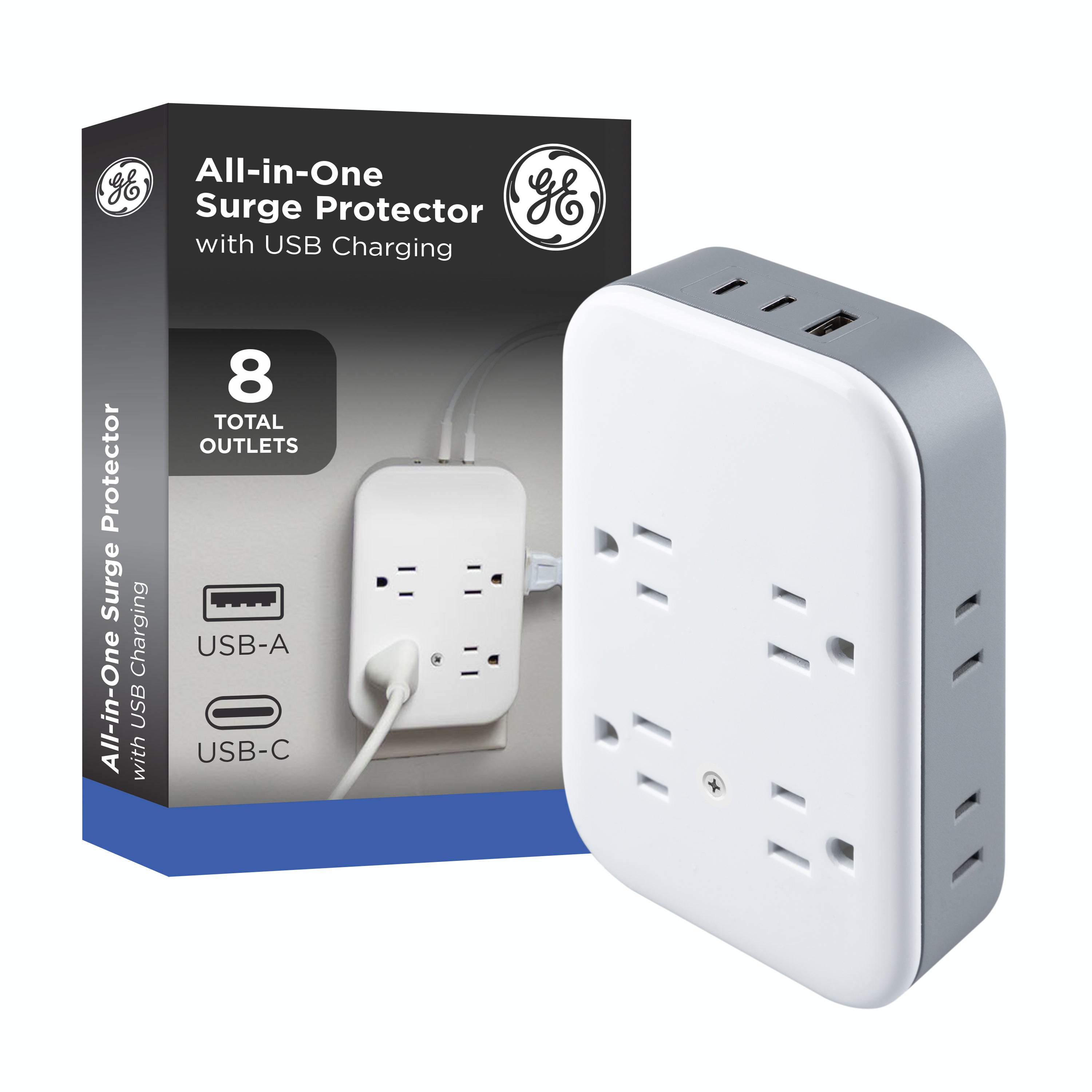 GE All-in-One Surge Protector Wall Tap, 8 Outlets (4 Grounded + 4 Polarized), 2 USB-C & 1 USB-A, 15W Shared, White/Gray