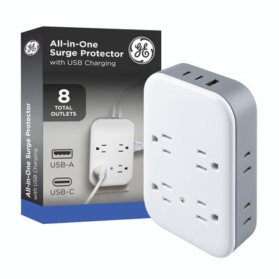 GE All-in-One Surge Protector Wall Tap, 8 Outlets (4 Grounded + 4 Polarized), 2 USB-C & 1 USB-A, 15W Shared, White/Gray