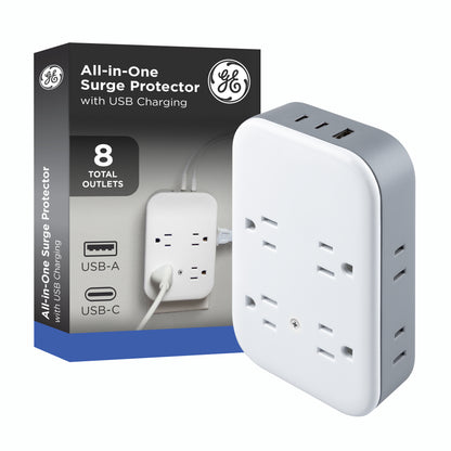 GE All-in-One Surge Protector Wall Tap, 8 Outlets (4 Grounded + 4 Polarized), 2 USB-C & 1 USB-A, 15W Shared, White/Gray