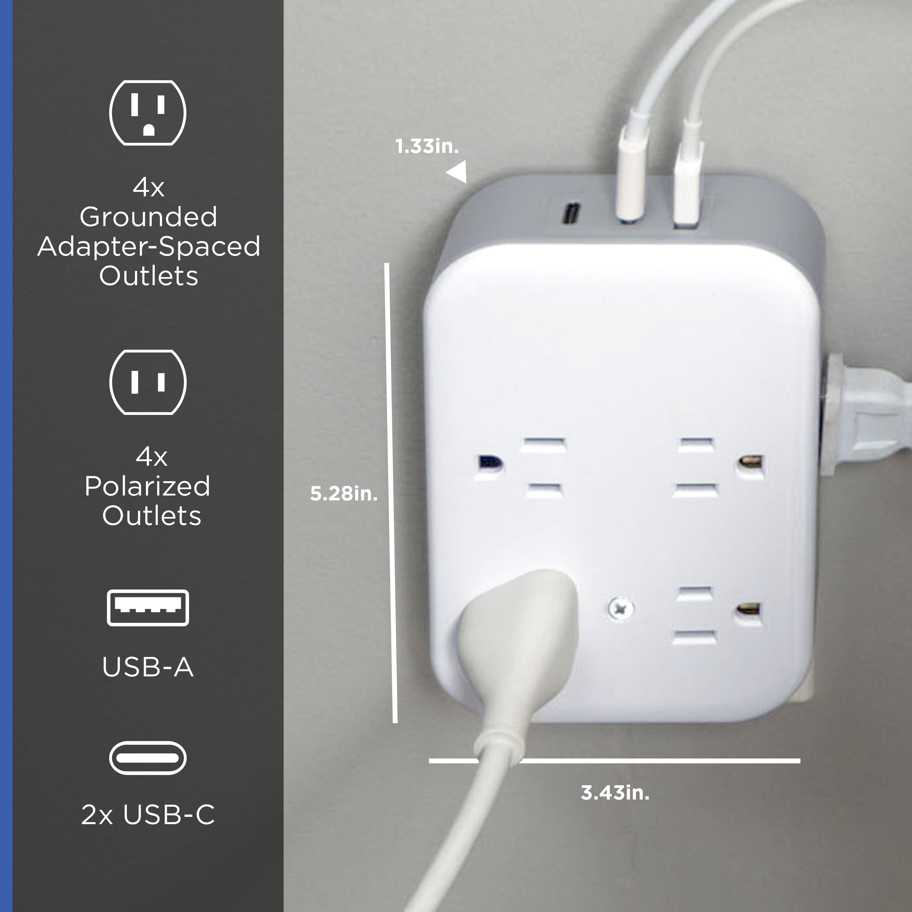 GE All-in-One Surge Protector Wall Tap, 8 Outlets (4 Grounded + 4 Polarized), 2 USB-C & 1 USB-A, 15W Shared, White/Gray