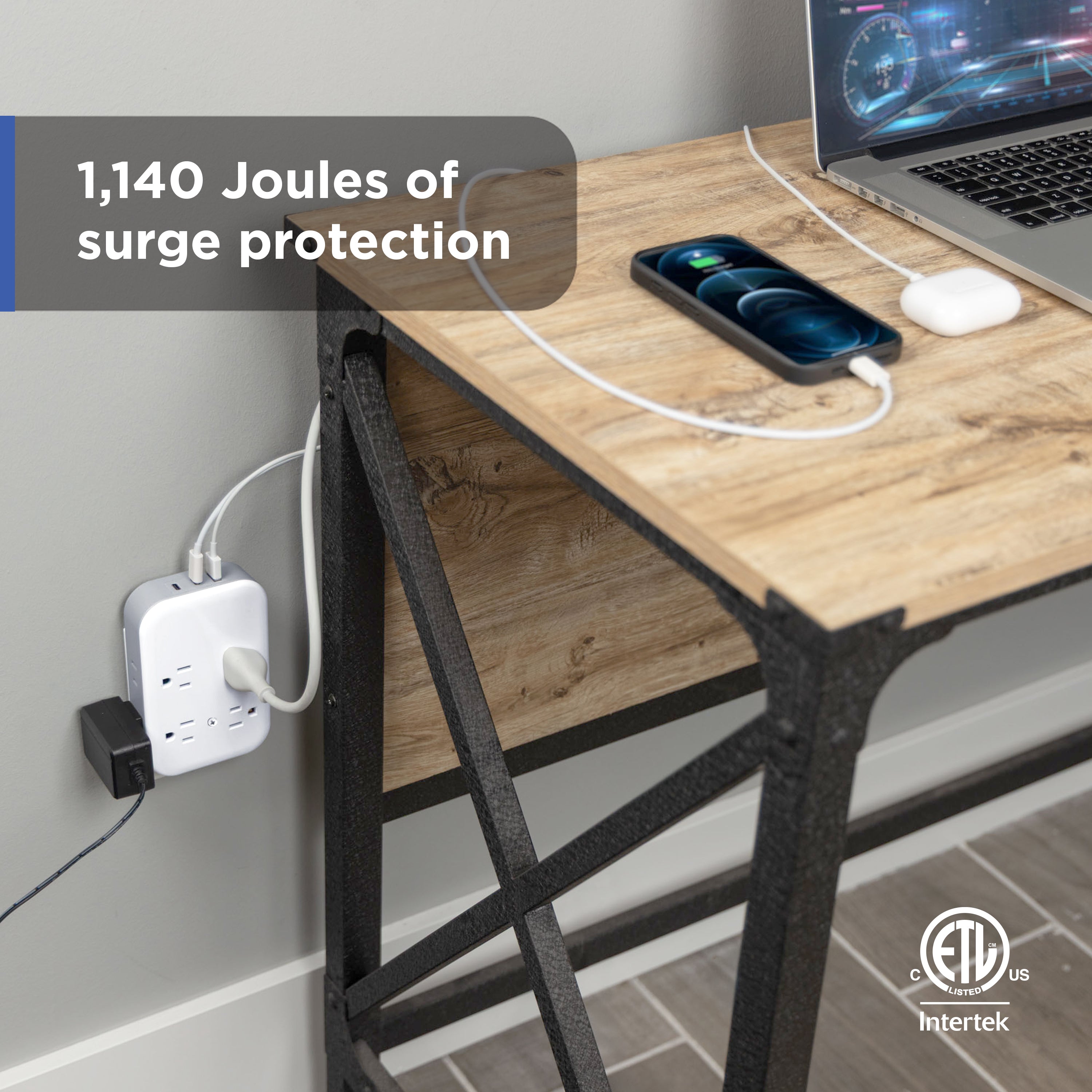 GE All-in-One Surge Protector Wall Tap, 8 Outlets (4 Grounded + 4 Polarized), 2 USB-C & 1 USB-A, 15W Shared, White/Gray
