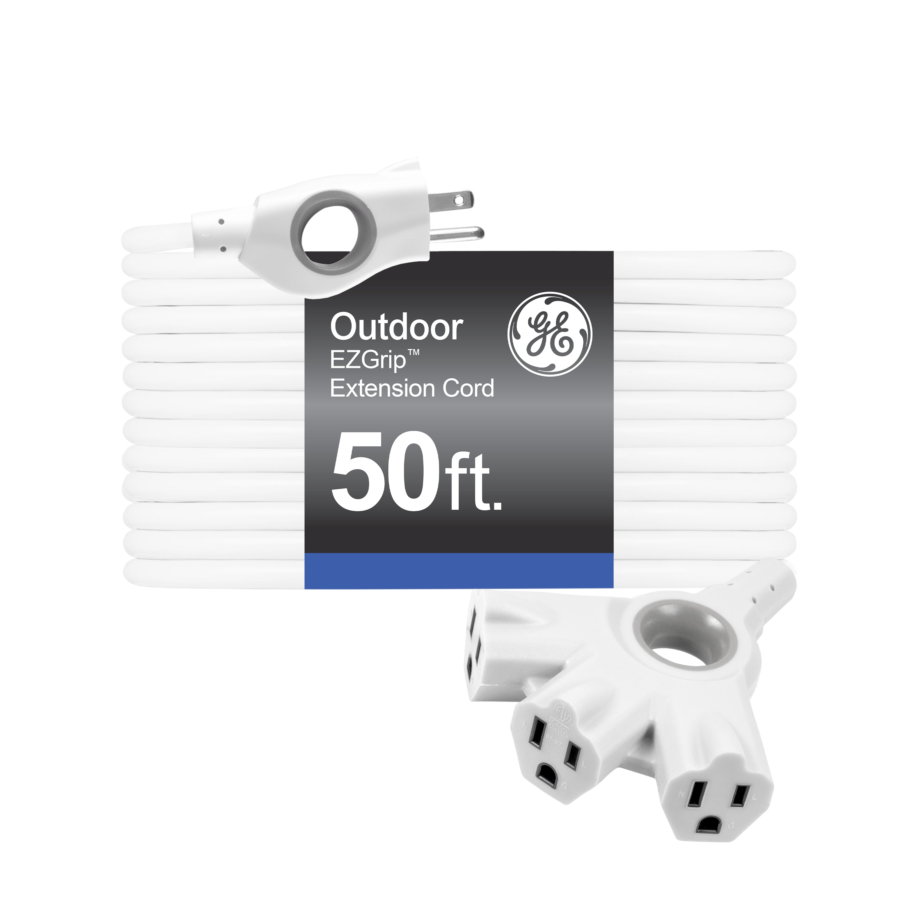 GE 3-Outlet EZGrip Grounded Extension Cord, 50ft., Indoor/Outdoor, White