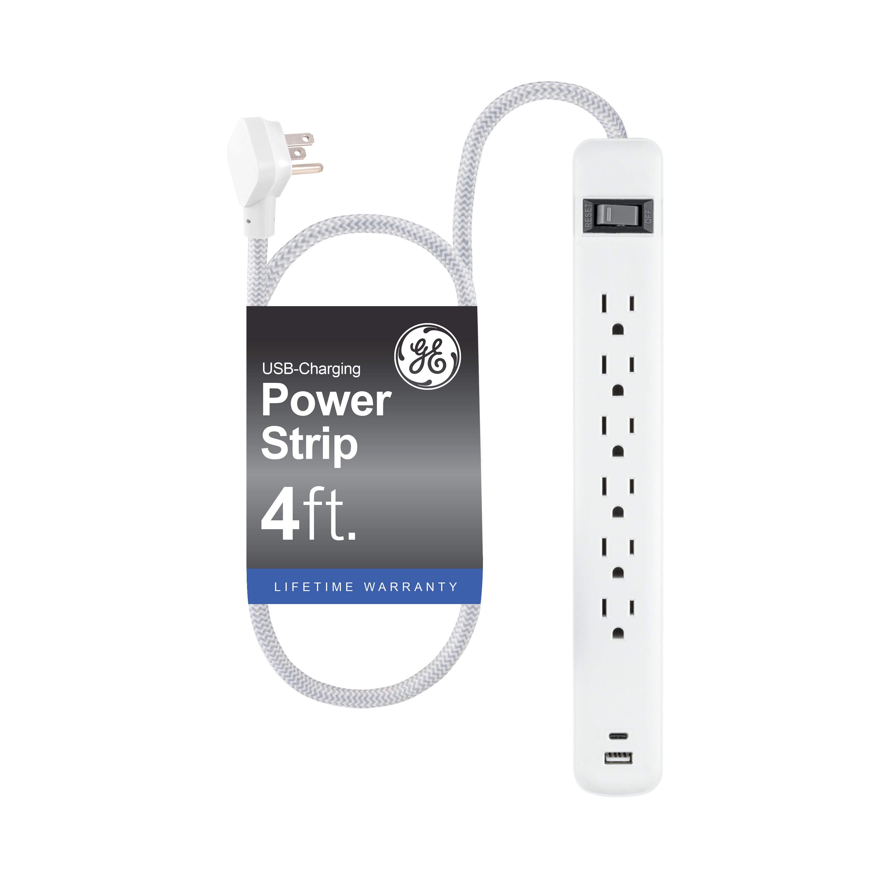 GE 6-Outlet Power Strip with USB, 1 USB-A & 1 USB-C Port, 4ft Braided Extension Cord, White