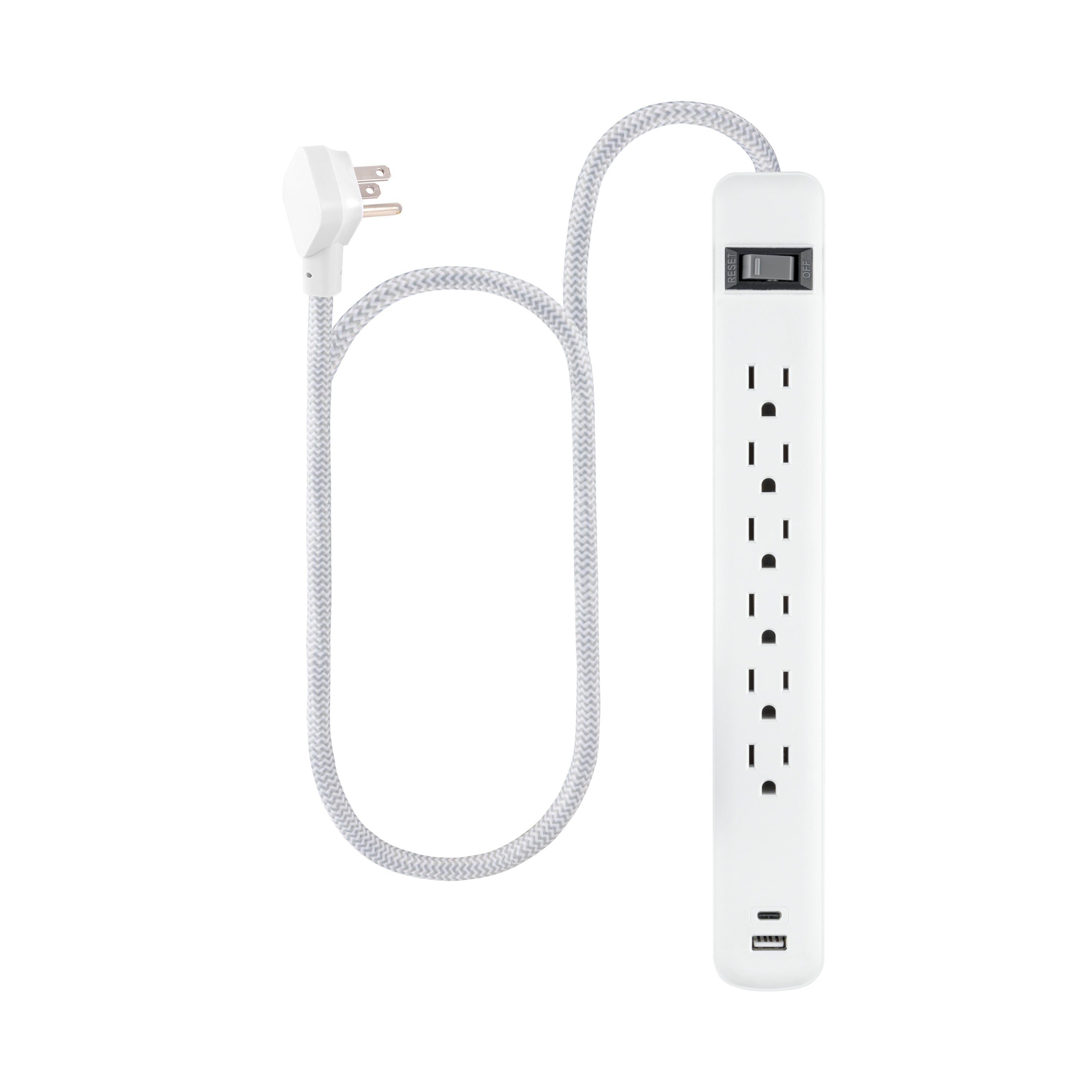 GE 6-Outlet Power Strip with USB, 1 USB-A & 1 USB-C Port, 4ft Braided Extension Cord, White