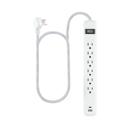 GE 6-Outlet Power Strip with USB, 1 USB-A & 1 USB-C Port, 4ft Braided Extension Cord, White