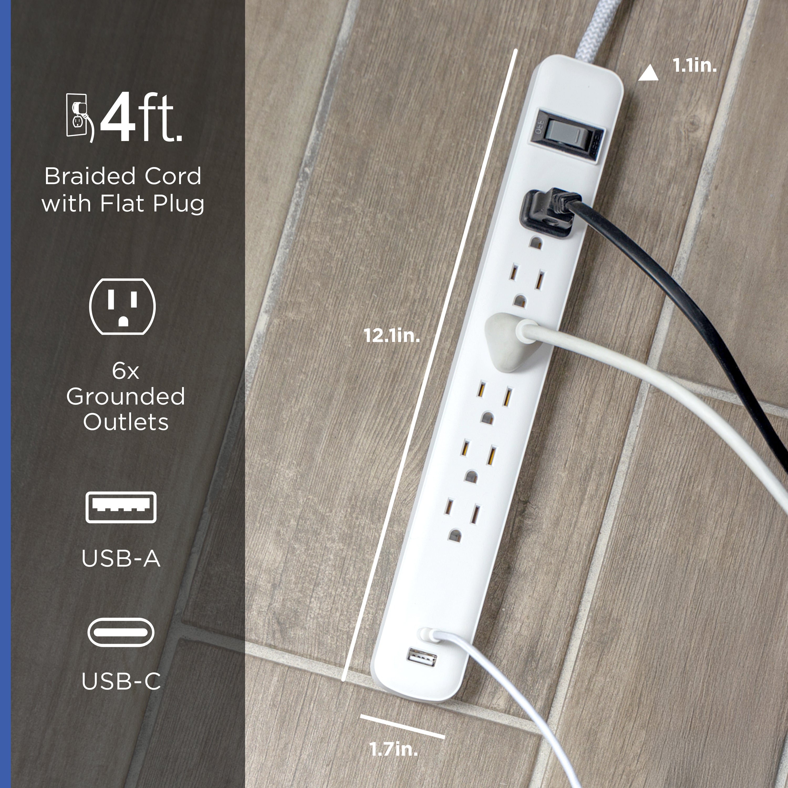 GE 6-Outlet Power Strip with USB, 1 USB-A & 1 USB-C Port, 4ft Braided Extension Cord, White
