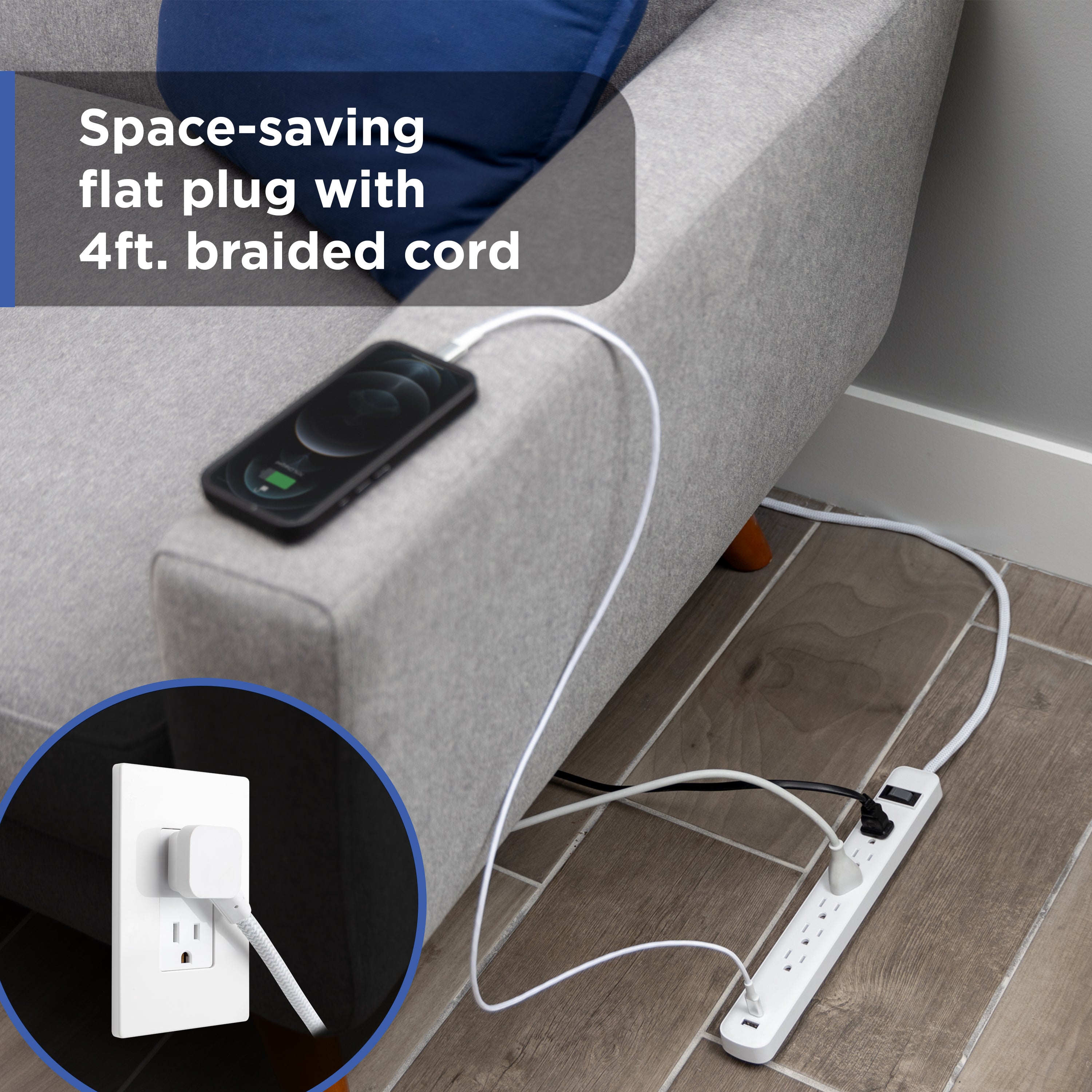GE 6-Outlet Power Strip with USB, 1 USB-A & 1 USB-C Port, 4ft Braided Extension Cord, White