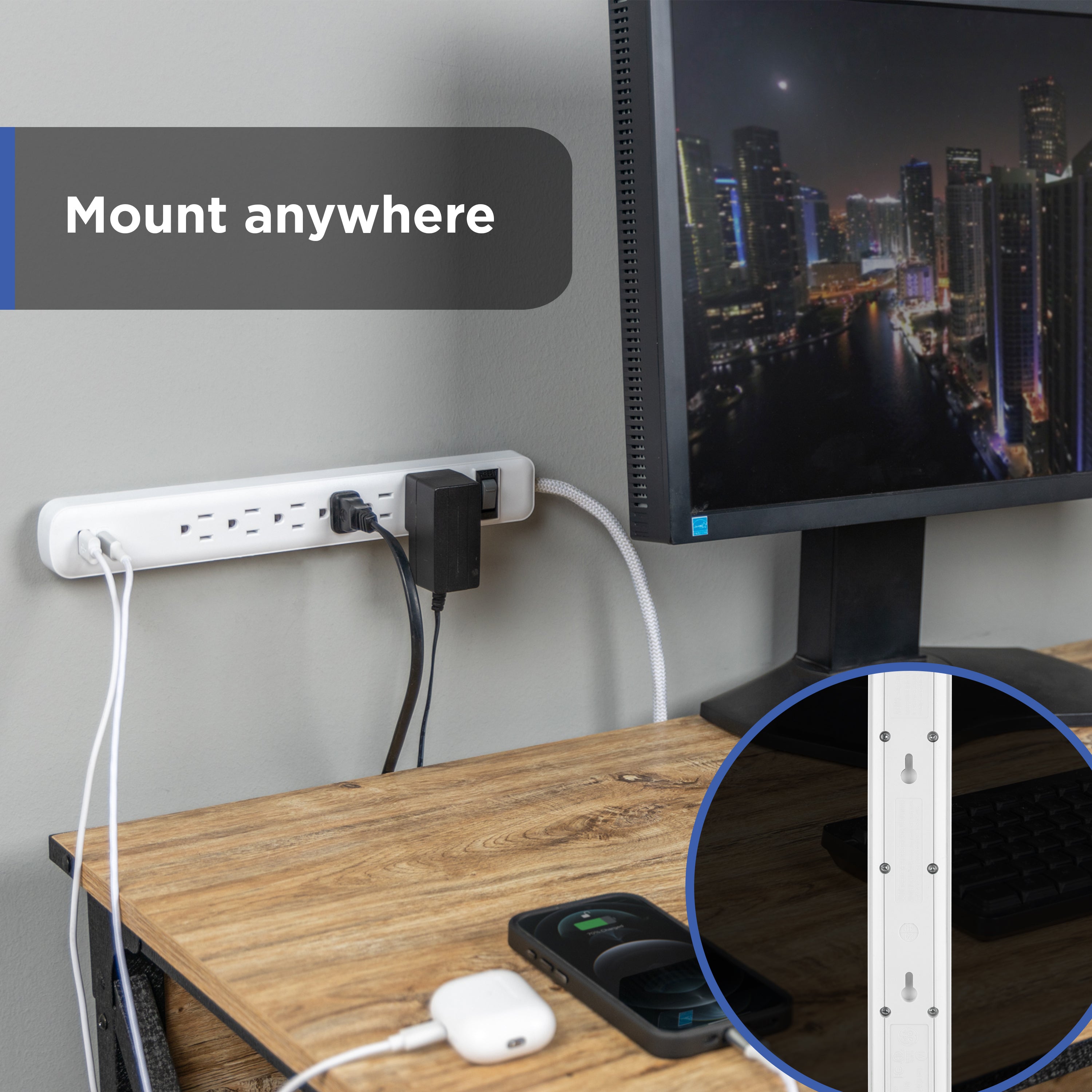 GE 6-Outlet Power Strip with USB, 1 USB-A & 1 USB-C Port, 4ft Braided Extension Cord, White