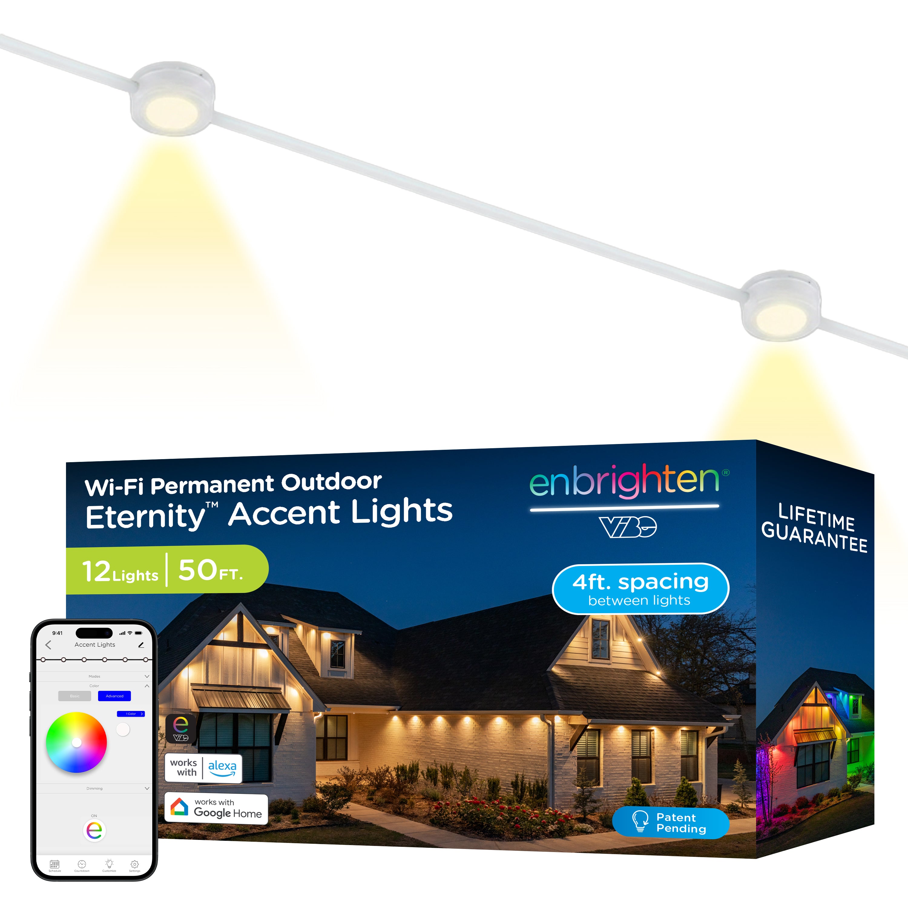 Enbrighten VIBE WiFi Color-Changing Permanent Outdoor Eternity Accent Lights, 12 Lights, 50ft. White Cord