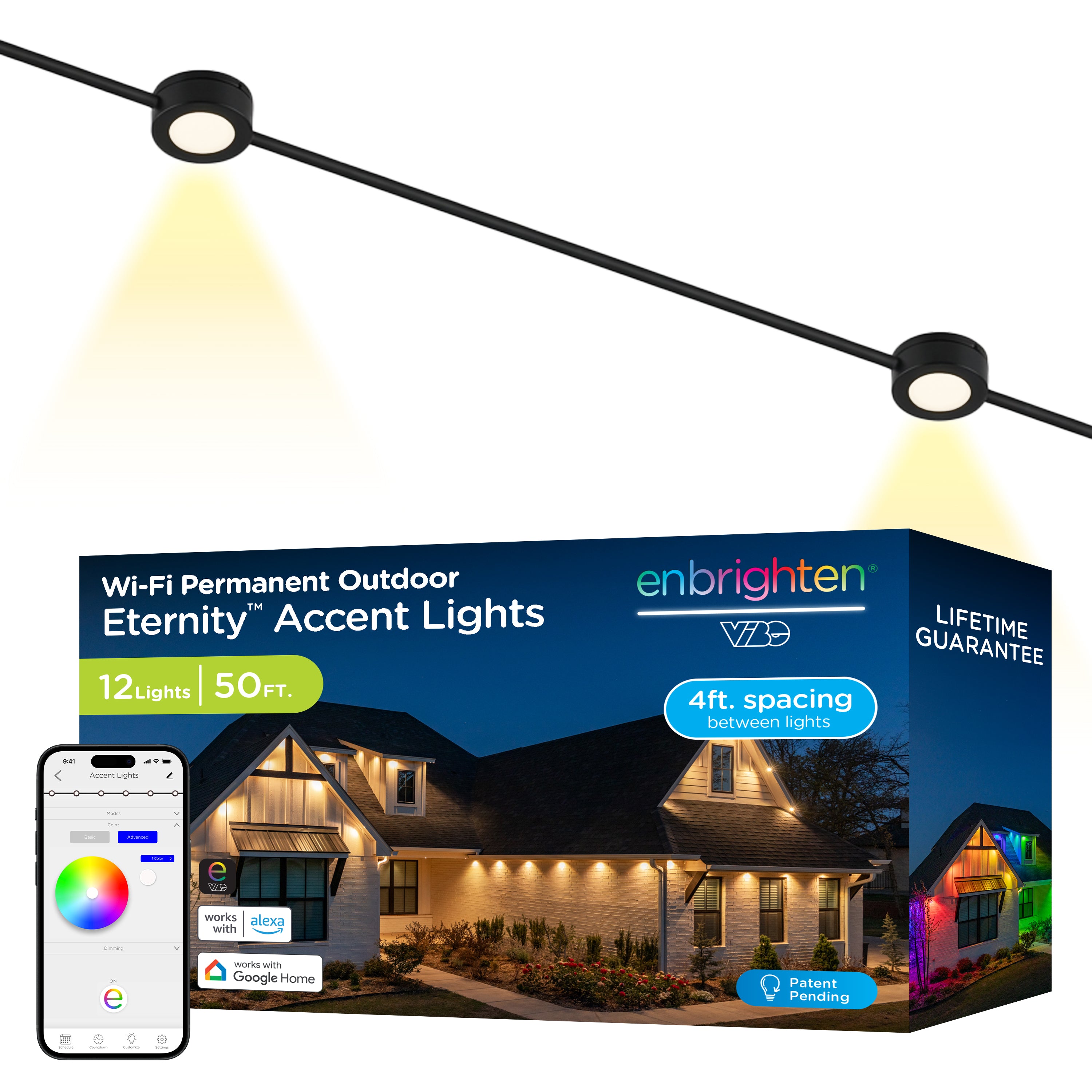 Enbrighten VIBE WiFi Color-Changing Permanent Outdoor Eternity Accent Lights, 12 Lights, 50ft. Black Cord