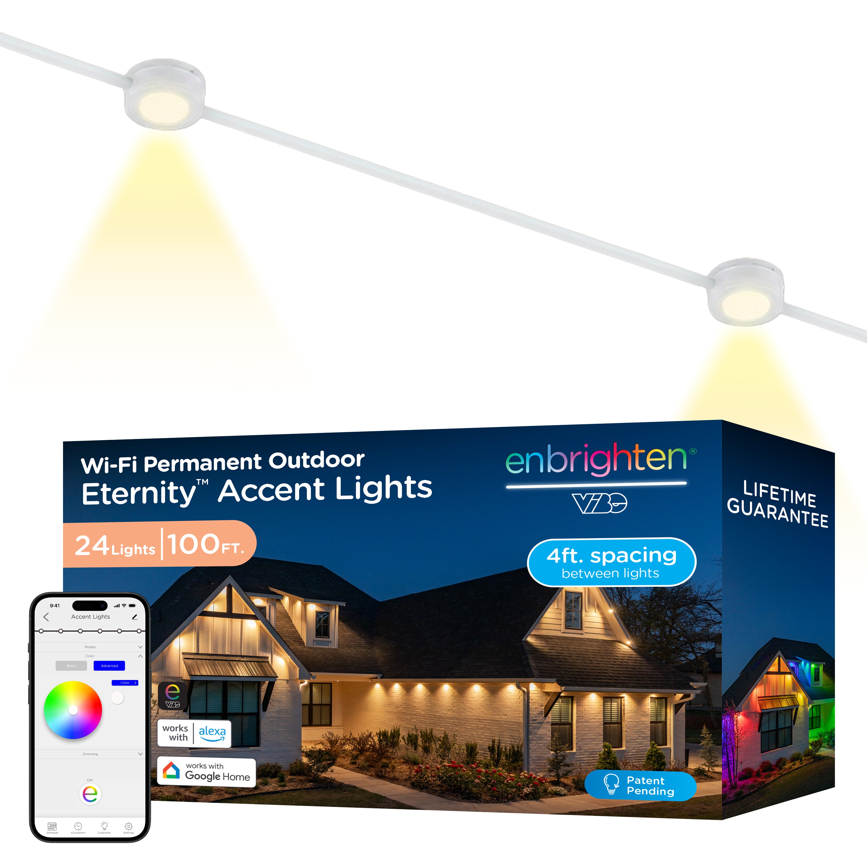 Enbrighten VIBE WiFi Color-Changing Permanent Outdoor Eternity Accent Lights, 24 Lights, 100ft. White Cord