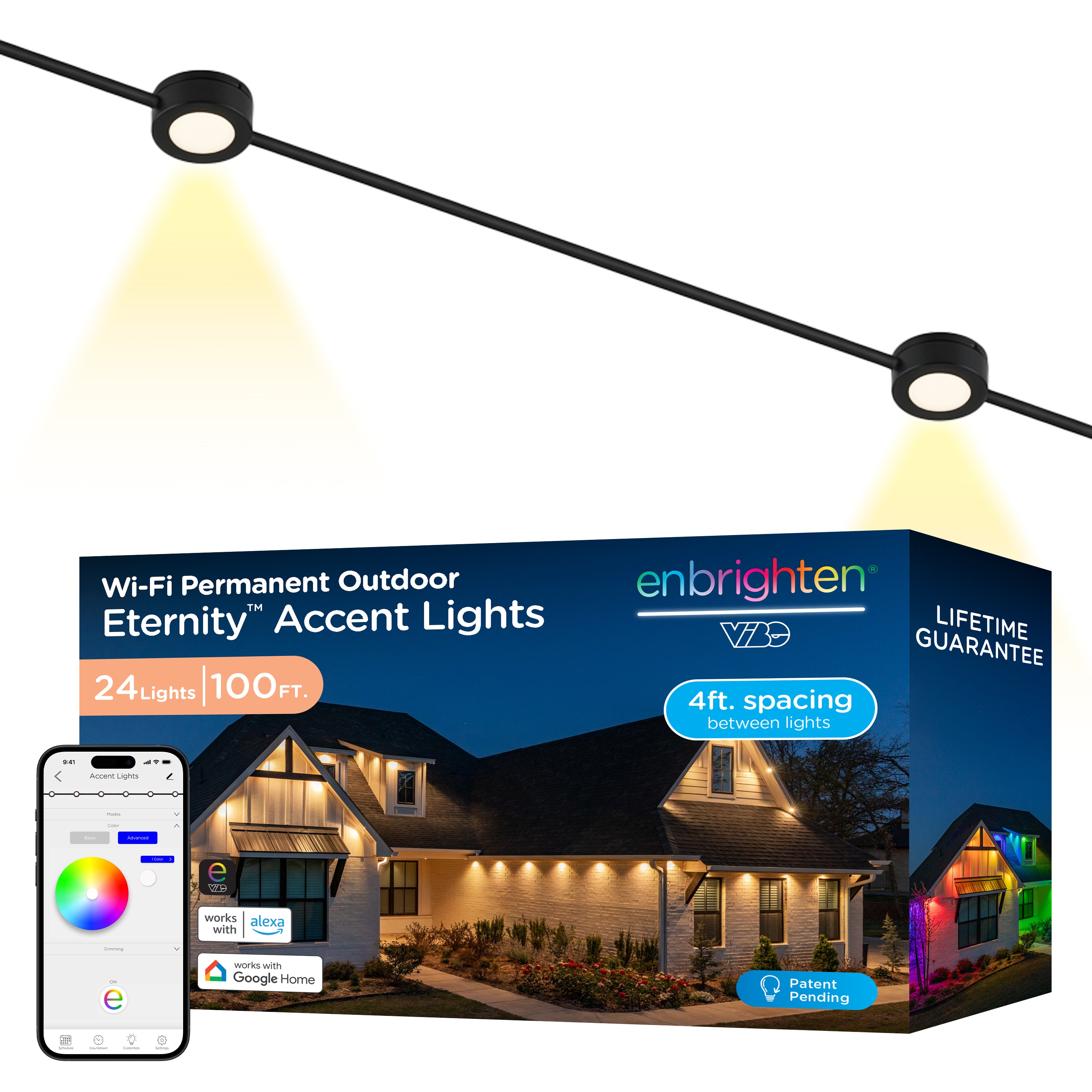 Enbrighten VIBE WiFi Color-Changing Permanent Outdoor Eternity Accent Lights, 24 Lights, 100ft. Black Cord