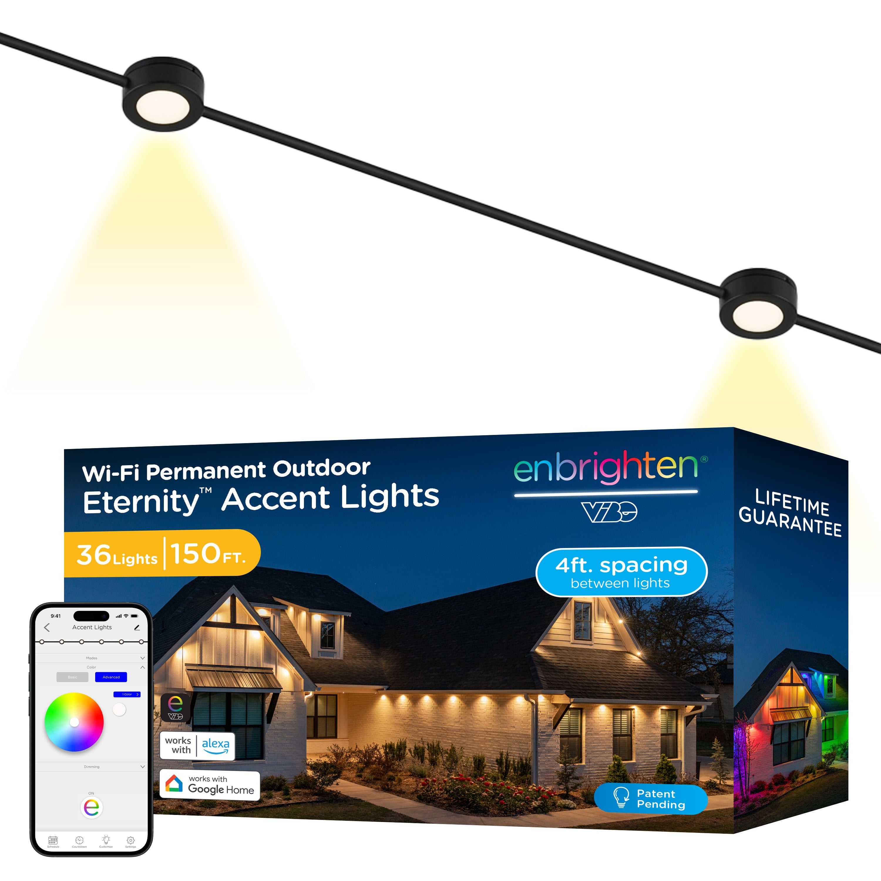 Enbrighten VIBE WiFi Color-Changing Permanent Outdoor Eternity Accent Lights, 36 Lights, 150ft. Black Cord