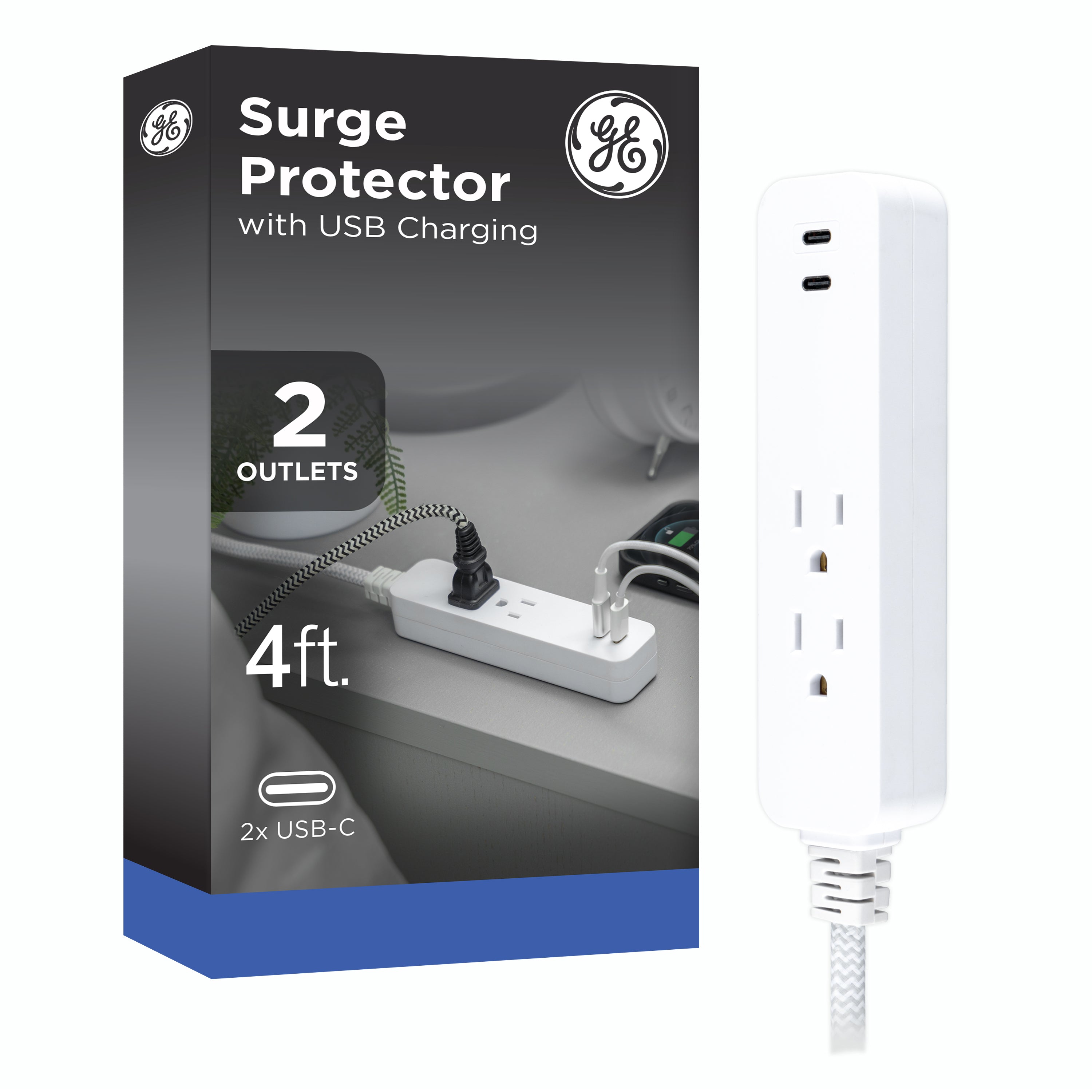 GE 2-Outlet 4ft. Surge Protector with USB Charging, White