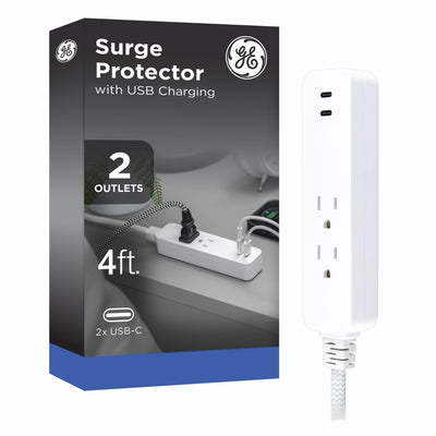 GE 2-Outlet 4ft. Surge Protector with USB Charging, White