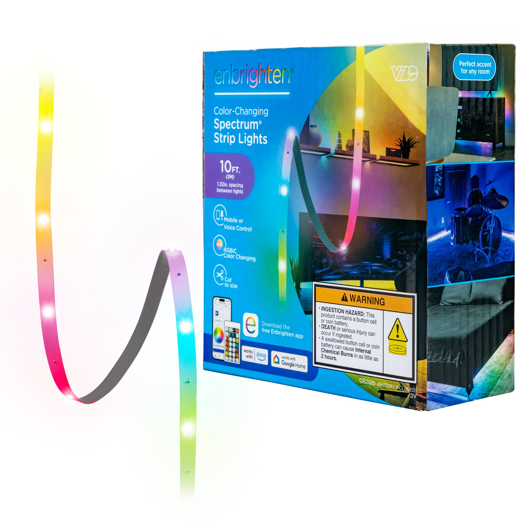 Enbrighten VIBE WiFi Spectrum Indoor Color-Changing LED Strip Lights, 10ft.