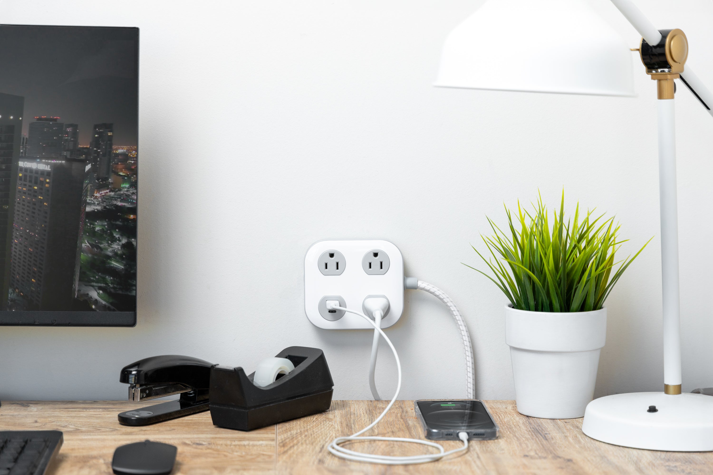 GE 3-Outlet Surge Protector with USB, 245 Joules, 1 USB-A & 1 USB-C Port, 4ft Braided Extension Cord, Flat Plug, White/Gray