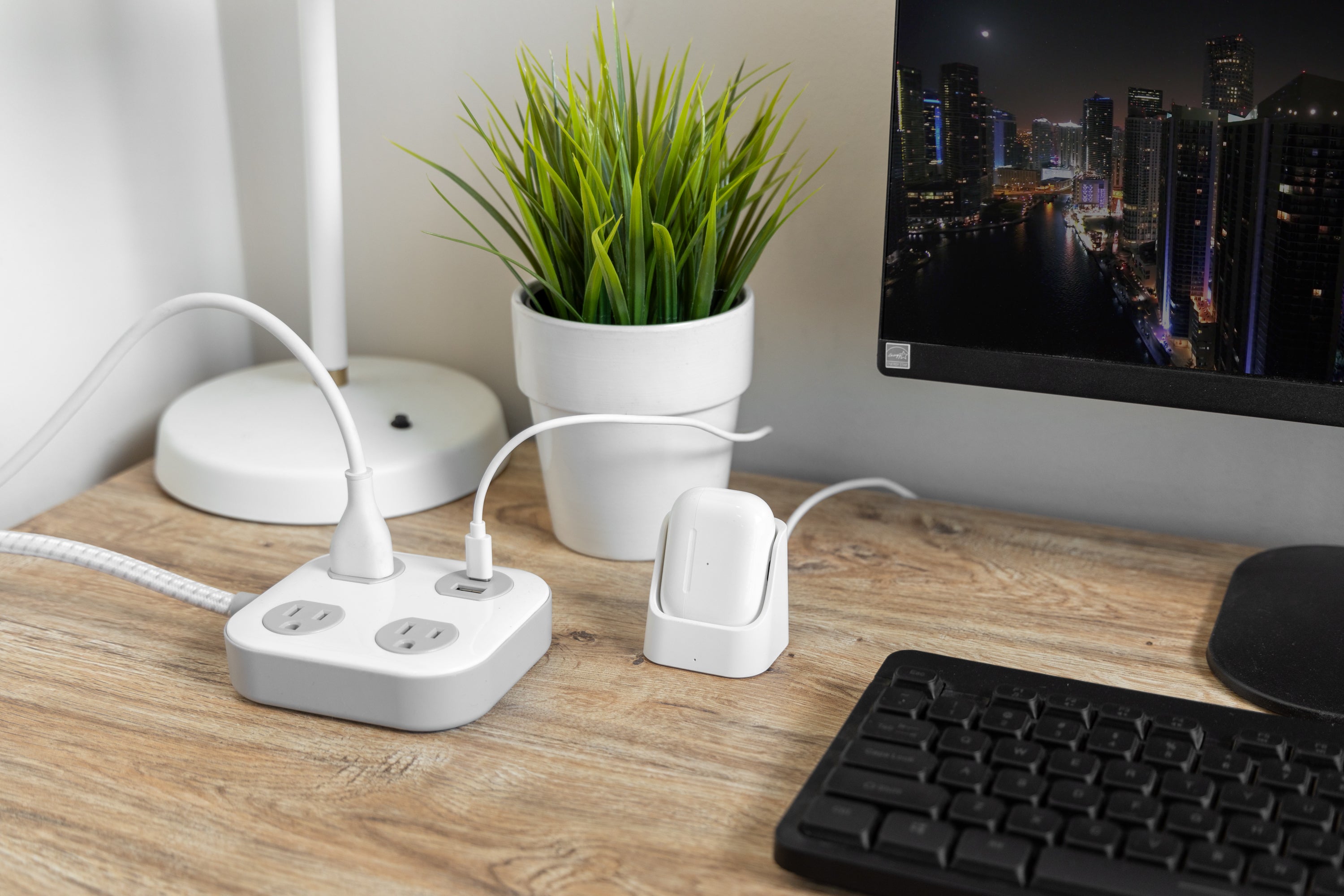 GE 3-Outlet Surge Protector with USB, 245 Joules, 1 USB-A & 1 USB-C Port, 4ft Braided Extension Cord, Flat Plug, White/Gray