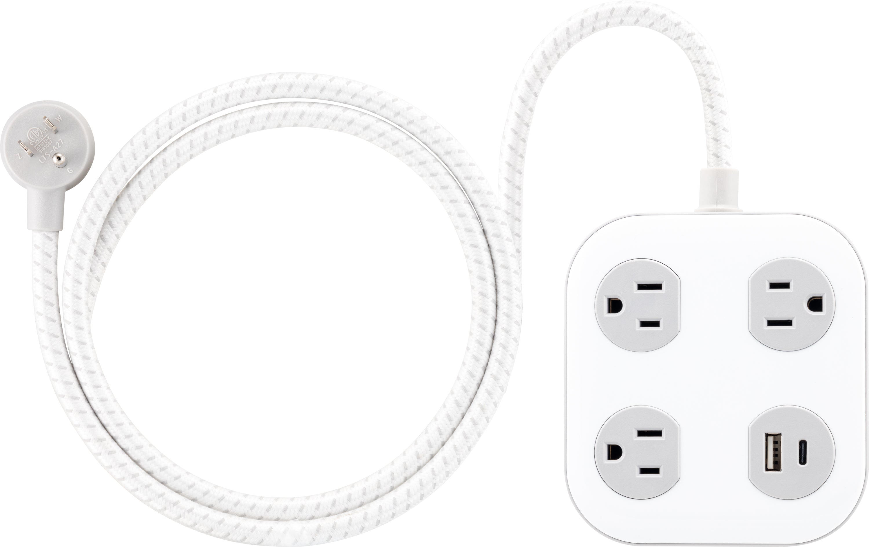 GE 3-Outlet Surge Protector with USB, 245 Joules, 1 USB-A & 1 USB-C Port, 4ft Braided Extension Cord, Flat Plug, White/Gray