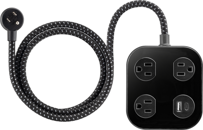 GE UltraPro 3-Outlet Surge Protector with USB, 245 Joules, 1 USB-A & 1 USB-C Port, 4ft Braided Extension Cord, Flat Plug, Black