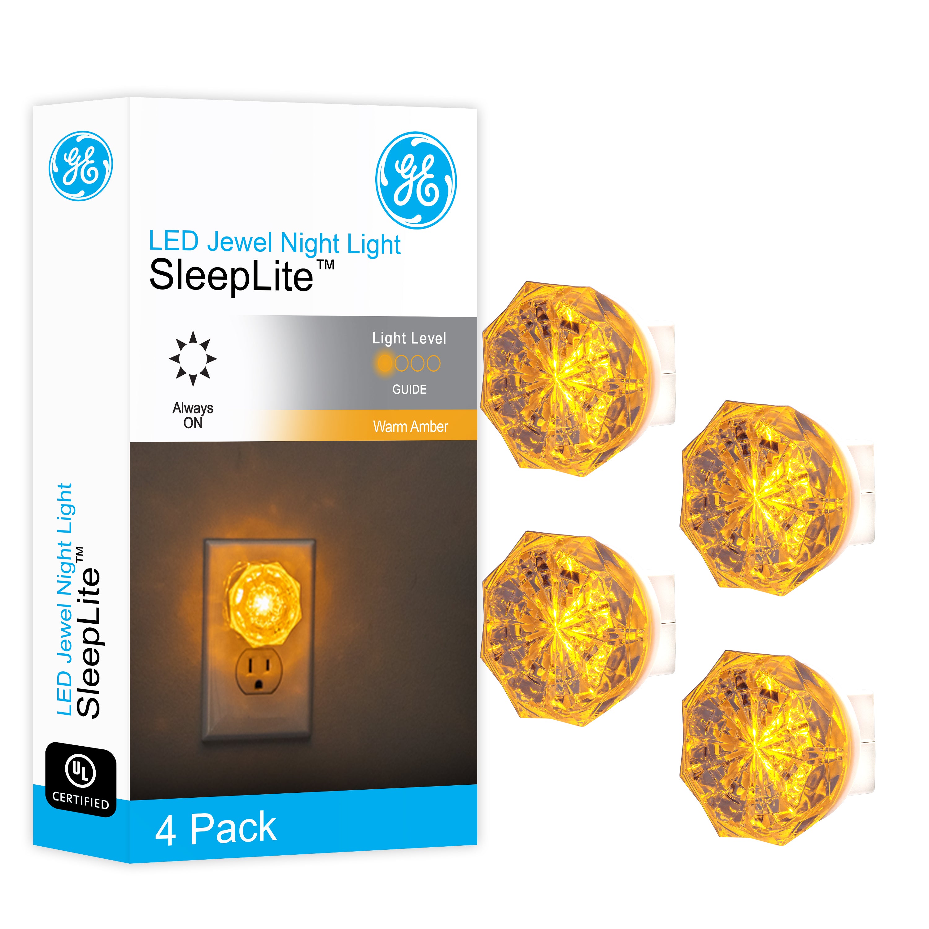 GE SleepLite Jewel Always On LED Night Light, Amber, 4 Pack
