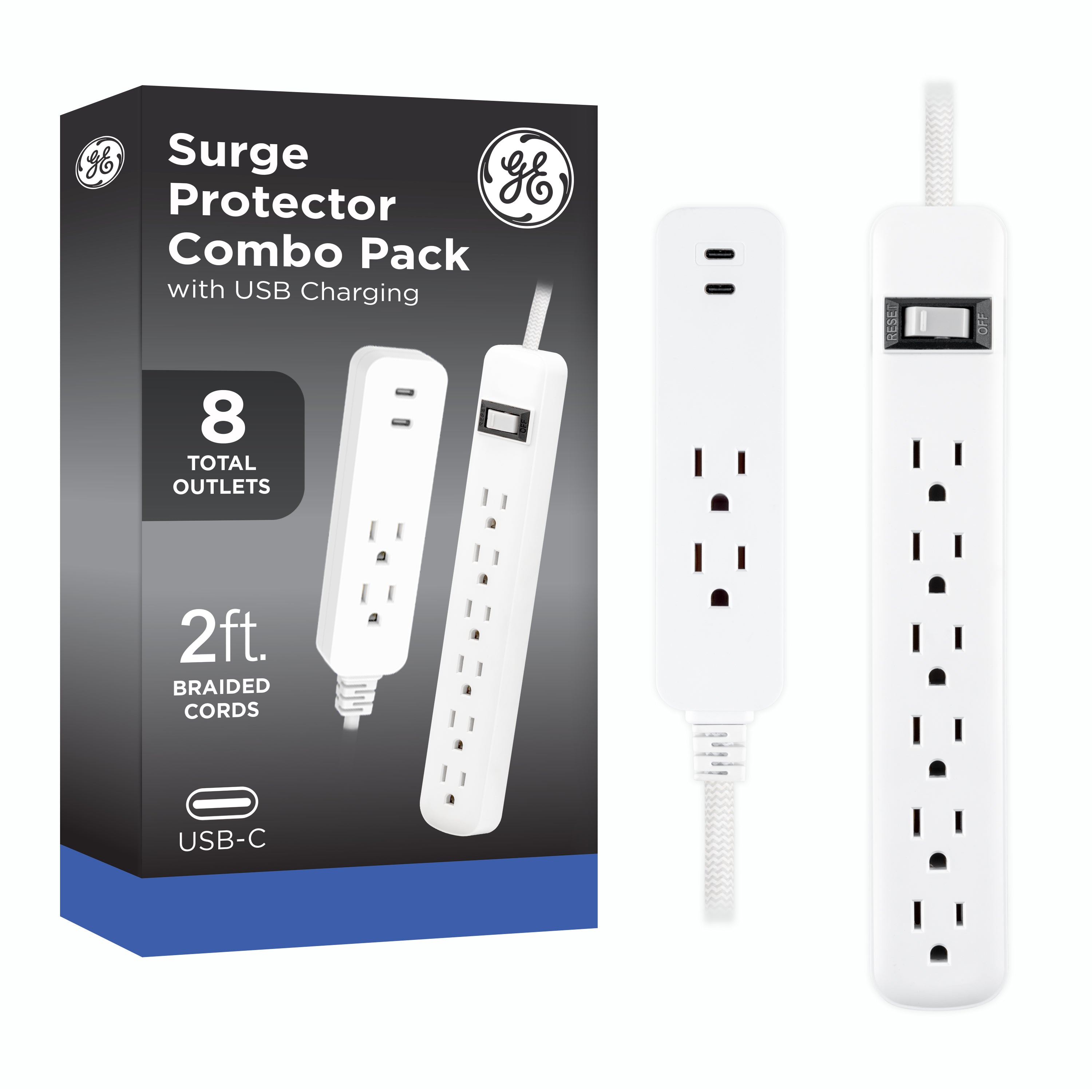 GE-branded 6-Outlet Surge Protector and 2-Outlet Surge Protector with 2 USB-C, 2ft and 245J, White, Combo Pack